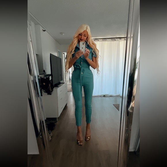 Haute Monde Pants - 2 Haute Monde Blue Jumpsuits with Tie Waist and Tapered Legs